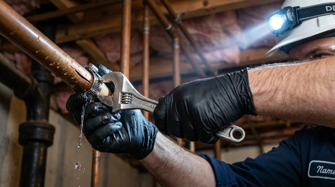 Emergency pipe clamp repair being performed by a Johns Plumbing LLC plumber in Varnell