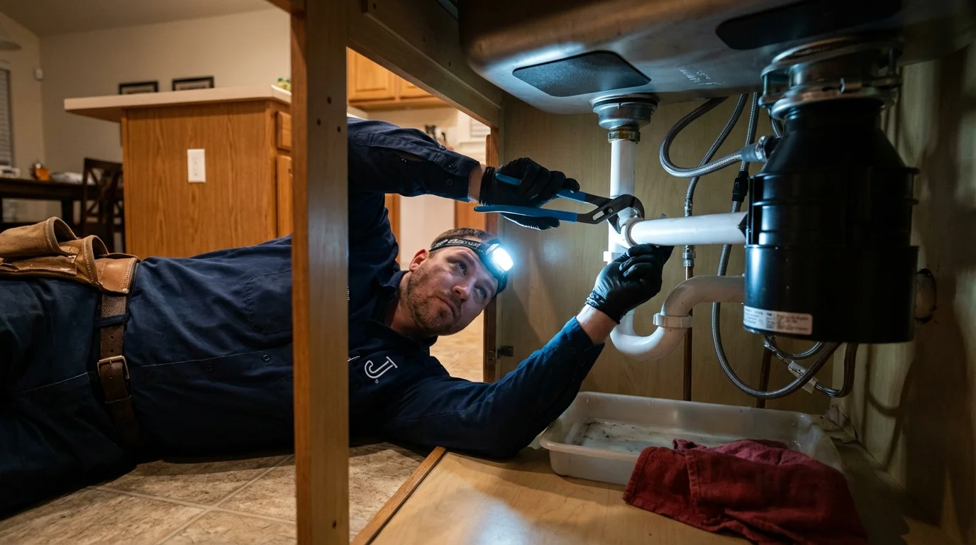 P-trap and supply line connections under a kitchen sink showing a common leak point in Varnell, GA